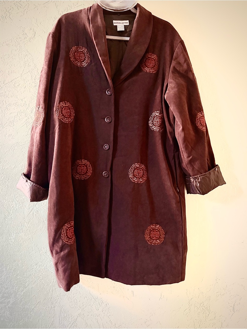 Vintage Chocolate Brown Embroidered Shawl-Collar Trench Coat